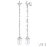 9X7 MM Marquise Link Teardrop Cultured Pearl and 1/2 ctw Round Cut Diamond Long Earring in 14K White Gold